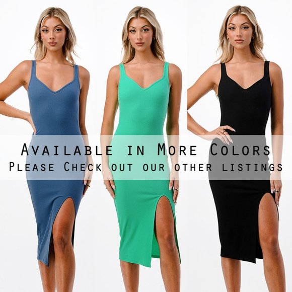 NEW Sweetheart V Neck Ribbed Knit Side Slit Bodycon Midi Tank Dress Bubble Mint - Picture 9 of 9